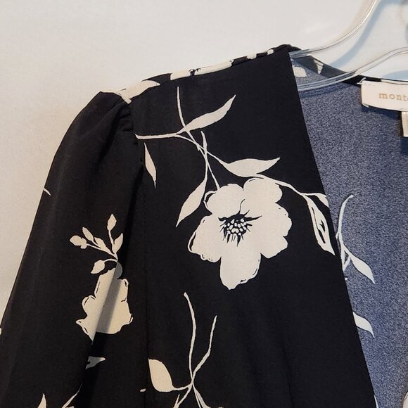 Monteau Black White Floral Print Day Dress w/Elastic Gathered Waist- Small - Picture 3 of 12